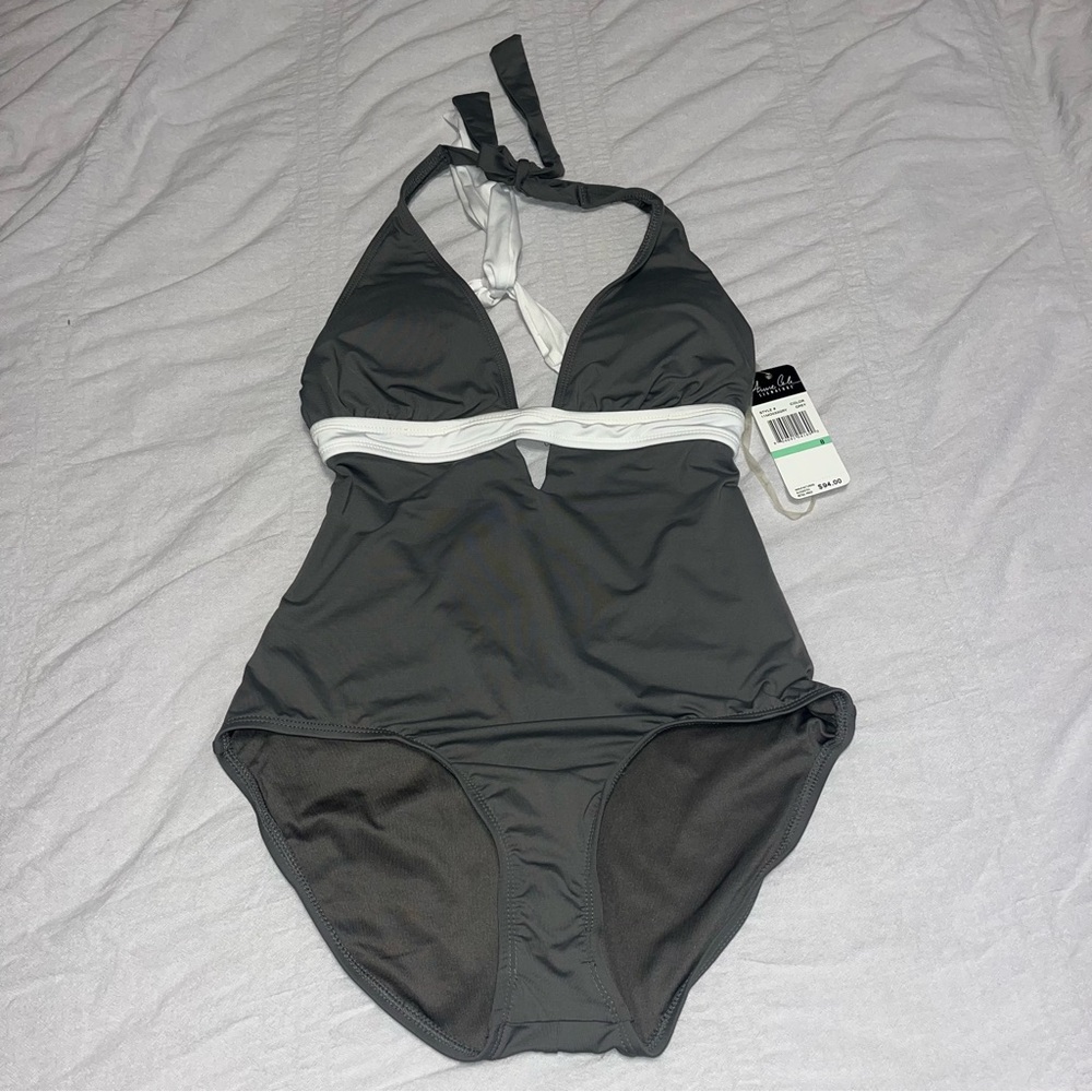 Anne Cole One Piece Swimsuit with Halter Top Gray and White Modest Size 8 NWT